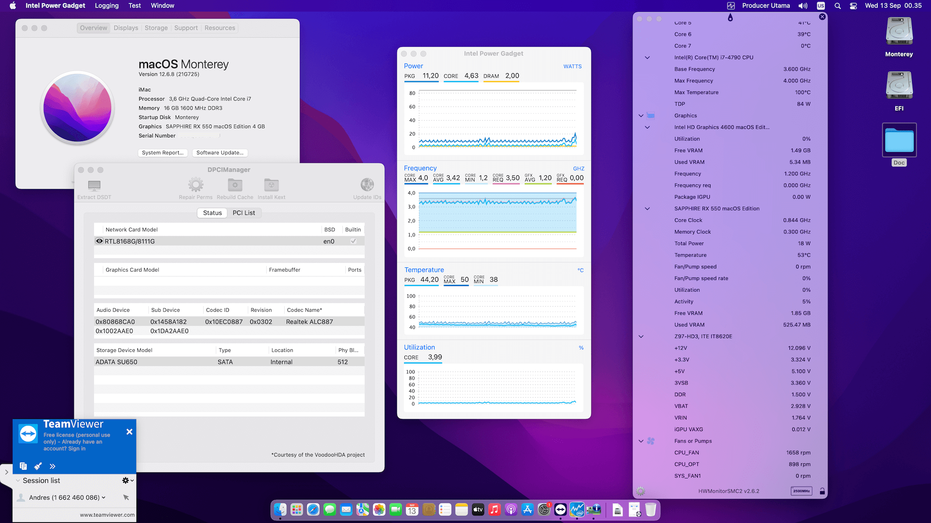 Success Hackintosh macOS Monterey 12.6.8 Build 21G725 in Gigabyte GA-Z97-HD3 + Intel Core i7 4790 + Sapphire Pulse RX 550